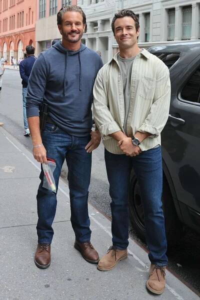 Kevin Kane and Corey Cott are seen on the set of "Law and Order: Special Victims Unit" on August 18, 2025 in New York 