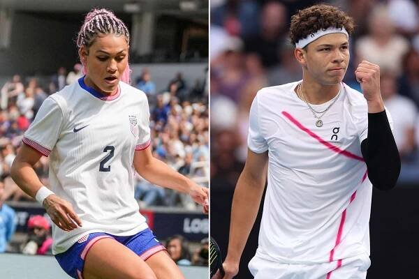 Trinity Rodman during the first half against Brazil on April 05, 2025 in Inglewood, California ; Ben Shelton during the 2024 Australian Open on January 19, 2024 in Melbourne, Australia.