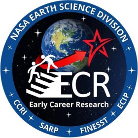 NASA's Earth Science Division Early Career Research program graphic contains a picture of the Northern Hemisphere of Earth with a background of stars. A red arrow flows around the Earth ending in an excellence star. The E in ECR contains stairs with a mentor helping a mentee up. The program consists of 4 projects that are labeled on the outer rim of the graphic.