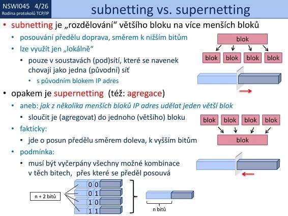 NSWI021 1/26
Rodina protokolů TCP/IP
NSWI045 4/26
Rodina protokolů TCP/IP subnetting vs. supernetting
• subnetting je „rozdělování“ většího bloku na více menších bloků
• posouvání předělu doprava, směrem k nižším bitům
• lze využít jen „lokálně“
• pouze v soustavách (pod)sítí, které se navenek
chovají jako jedna (původní) síť
• s původním blokem IP adres
• opakem je supernetting (též: agregace)
• aneb: jak z několika menších bloků IP adres udělat jeden větší blok
• sloučit je (agregovat) do jednoho (většího) bloku
• fakticky:
• jde o posun předělu směrem doleva, k vyšším bitům
• podmínka:
• musí být vyčerpány všechny možné kombinace
v těch bitech, přes které se předěl posouvá
blok
blok blok blok blok
blok blok blok blok
blok
0 0
0 1
1 0
1 1 n bitů
n + 2 bitů
 
