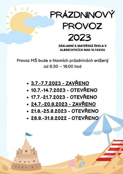 Prázdninový provoz v MŠ - Oficiální stránky ZŠ a MŠ Albrechtice nad Vltavou