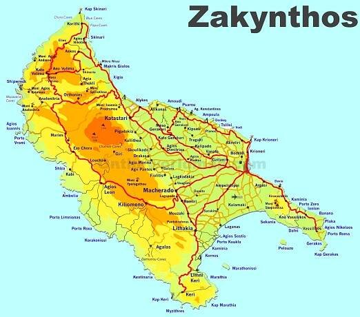 Mapa silnic na ostrově Zakynthos.