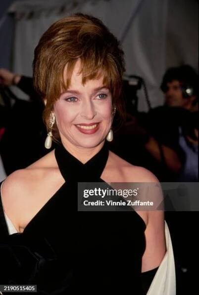 American actress Jill Eikenberry, wearing a sleeveless black halterneck evening gown, attends the inaugural American Television Awards at Santa...