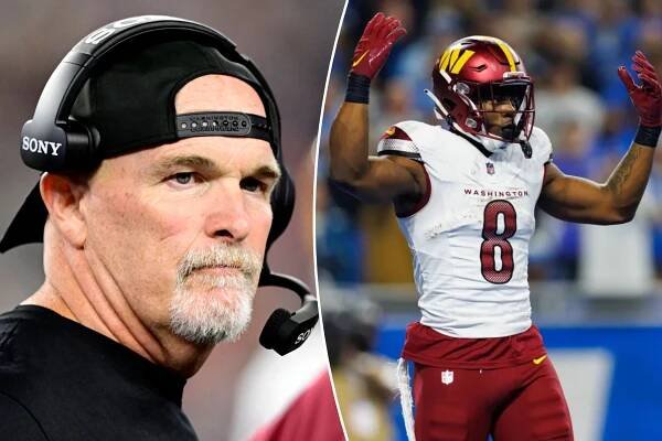 An image collage containing 2 images, Image 1 shows Washington Commanders coach wearing headset, Image 2 shows Washington Commanders player celebrating