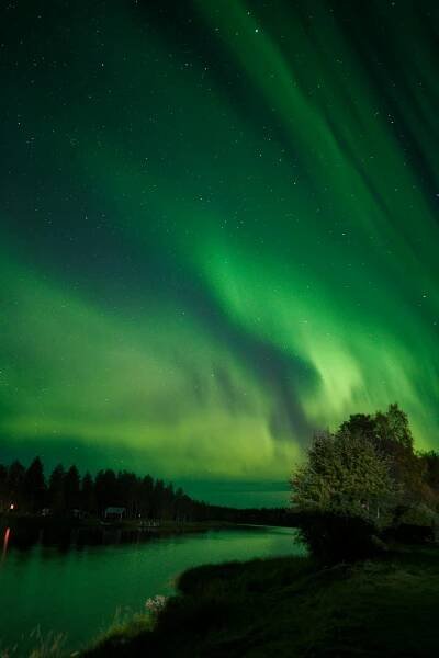 Free Stunning Aurora Borealis display over a serene forest and river at night, showcasing vivid green hues. Stock Photo