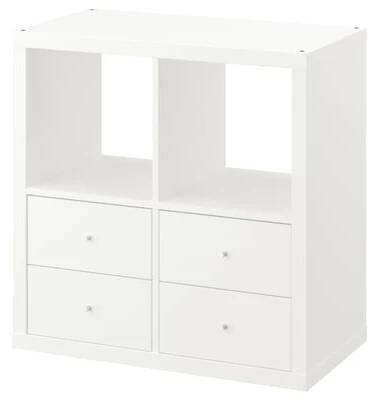 Biały schowek ścienny/podłogowy KALLAX: cztery szuflady, dwie półki, kwadratowy kształt, czysty design.