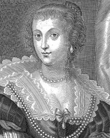 A black and white portrait of Charles' French wife, Henrietta Maria.