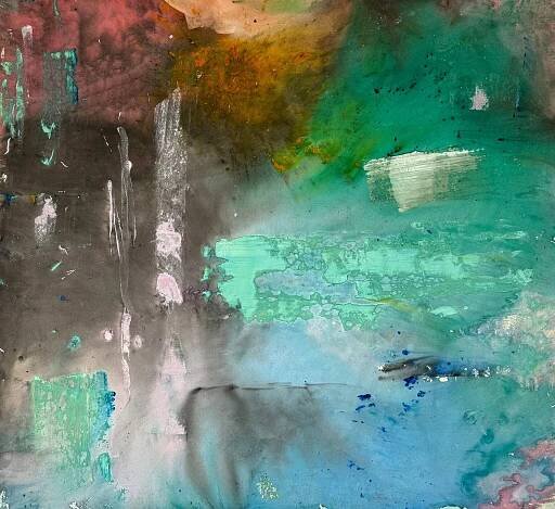 An abstract painting dominated by bright green and blue with splashes of gray, orange and pink, and white brushstrokes over the top.