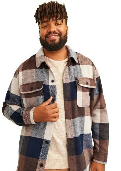Velká pánská flanelová košile s dlouhým rukávem v kostce Jack & Jones 12263999 tmavě modro-hnědá