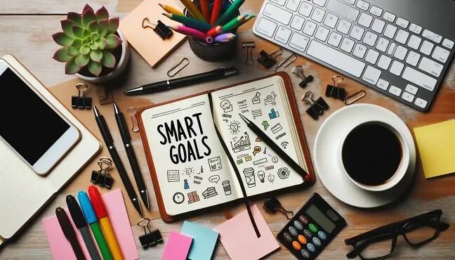 Pracovní prostor s notebookem s názvem 'SMART Goals'.