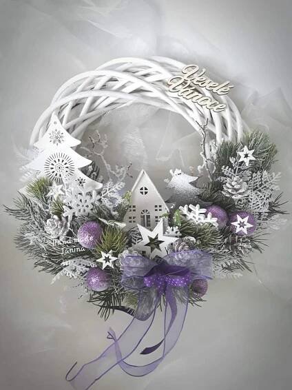 Christmas Wreath with Purple and White Decorations