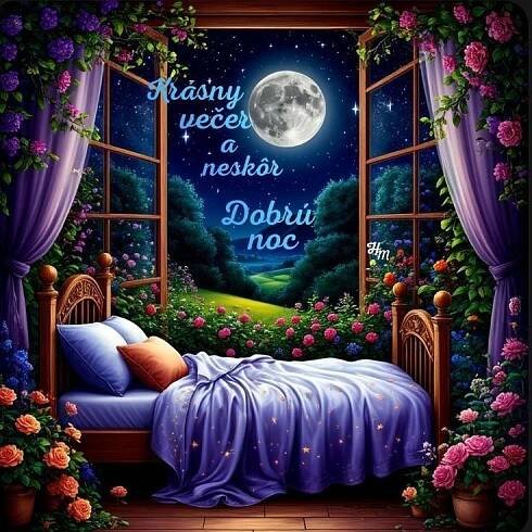 a painting of a bed in front of a window with the moon and stars above it