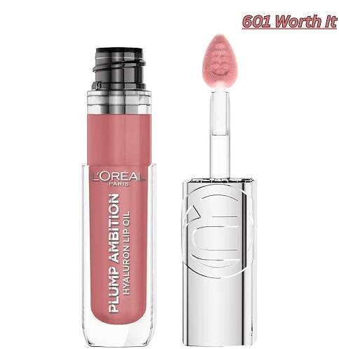 L'Oreal Paris Plump Ambition Hyaluron Lip Oil, 24 HR Lip Gloss with Hyaluronic Acid, Volumizing Formula with Glass-Like Shine, Worth It 601, 0.16 Fl Oz