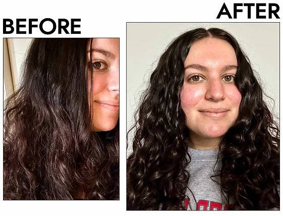 A before and after photo showing the effects of using Bounce Curl Moisture Balance Leave-In Conditioner