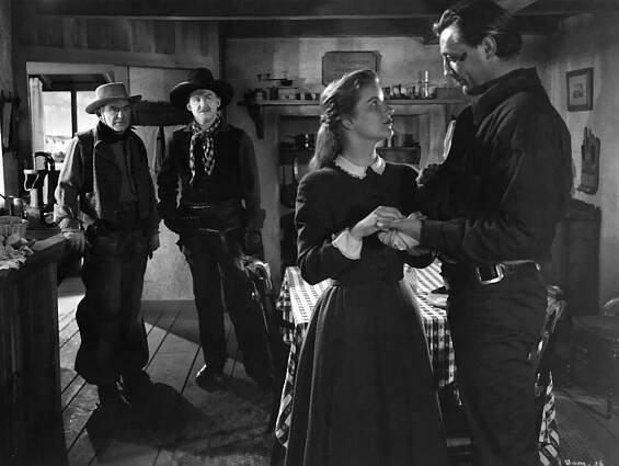 BLOOD ON THE MOON, Tom Tully (second left), Barbara Bel Geddes, Robert Mitchum, 1948
