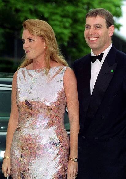 Sarah Ferguson in sequin pink dress, Prince Andrew in suit