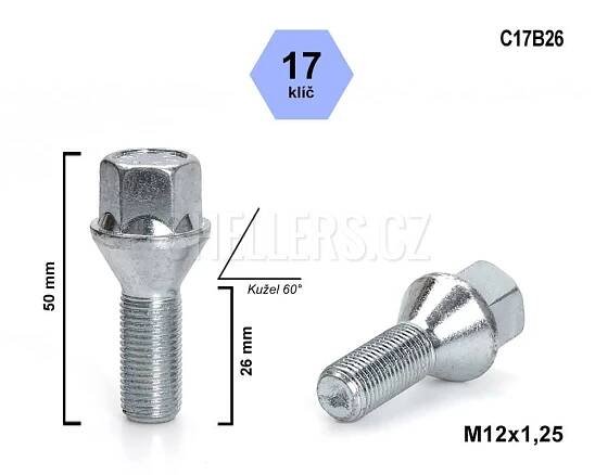 Kolový šroub M12x1,25x26 kužel, klíč 17, C17B26, výška 50 mm