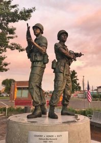 Brothers in Arms Vietnam War Memorial, 8' bronze sculpture of American and S. Vietnamese soldier standing back to backby Thomas Jay Warren, NSS