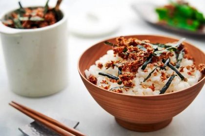 Crispy homemade furikake on a bowl of rice.