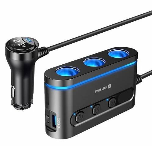 Autonabíječka / adaptér SWISSTEN - 2x USB-C 30W + USB-A + 3x autozapalovač - černá