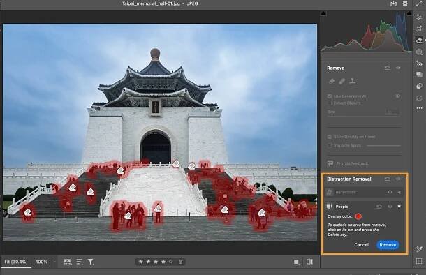 image of a monument with many tourists is opened in Adobe Camera Raw. The distracting people in the photo are highlighted in red and adobe camera raw will remove them using the People Removal tool.