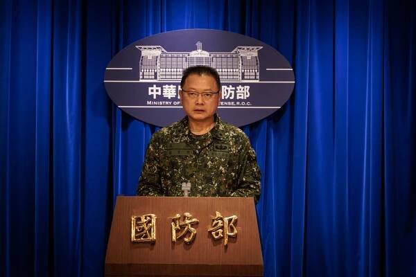Taiwan’s Ministry of National Defence spokesperson Sun Li-fang speaks during a presser at the Ministry of National Defence in Taipei following China's unprecedented invasion drills
