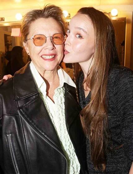 Annette Bening and daughter Ella Beatty pose backstage at the hit play "Appropriate" on Broadway at The Belasco Theatre on March 26, 2024 in New York City.
