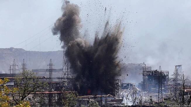 A bomb explodes at the Azovstal iron and steel works in Mariupol, Ukraine