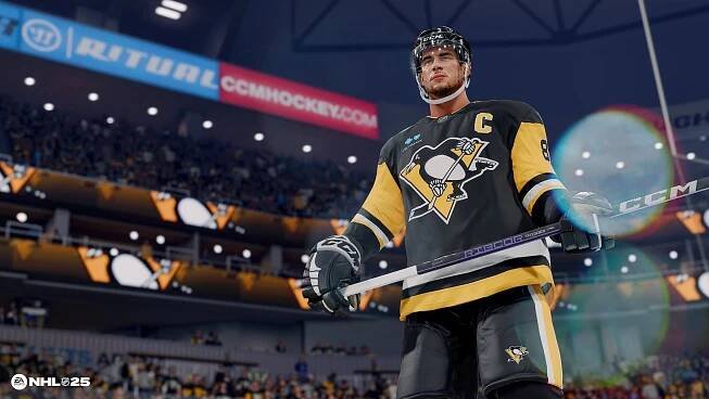 Záběr ze hry s centrem Pittsburgh Penguins Sidneym Crosbym, který drží hokejku u pasu.