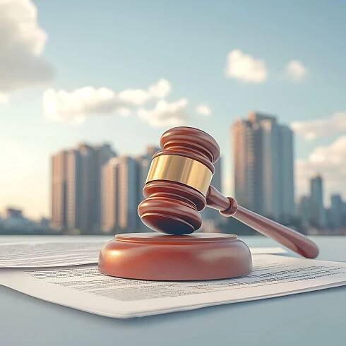 A gavel, city in the background