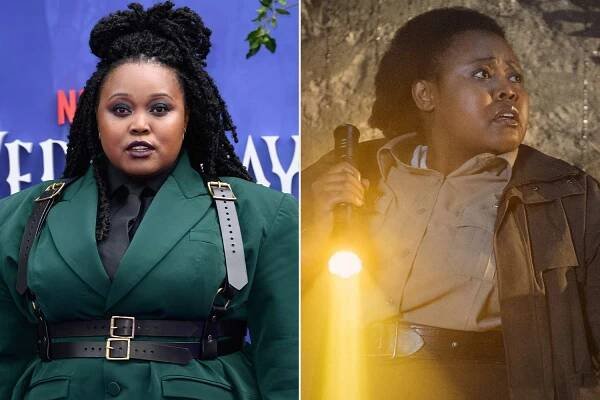 Luyanda Unati Lewis-Nyawo attends the "Wednesday" Season 2, Part 1 Premiere on July 30, 2025 in London, England ; Luyanda Unati Lewis-Nyawo as Detective Santiago in episode 103 of Wednesday.
