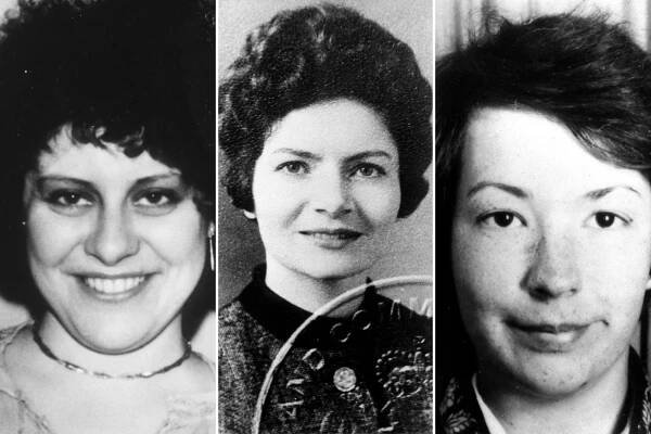 An image collage containing 3 images, Image 1 shows Black and white photo of Barbara Leach, a Yorkshire Ripper murder victim, Image 2 shows Black and white photo of Marguerite Walls, a victim of the Yorkshire Ripper, Image 3 shows Black and white photo of Jacqueline Hill, the 13th victim of the Yorkshire Ripper