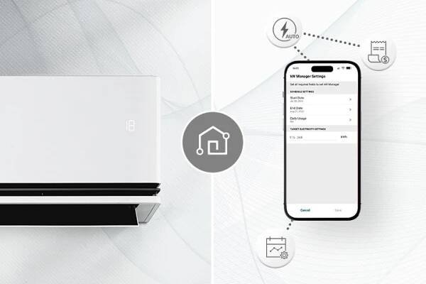 Klimatizace a chytrý telefon s obrazovkou aplikace LG ThinQ™. Kolem jsou zobrazeny ikony, které představují funkce ThinQ.