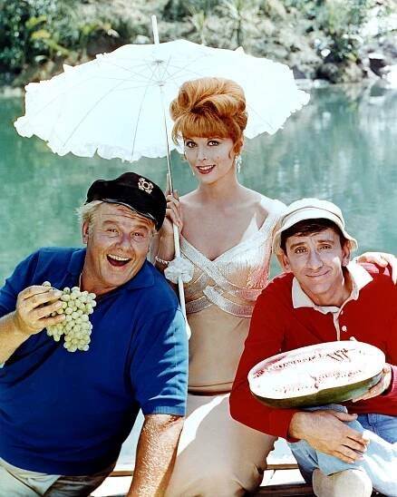 Alan Hale Jr. as The Skipper, Tina Louise as Ginger Grant, and Bob Denver as Gilligan in the television series 