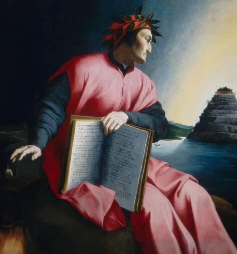 A man sits in profile facing our right. He wears a long rose-pink robe with blue sleeves and a scarlet red cap adorned with a laurel wreath. He holds an open book in his laps as he looks toward a distant mountain rising from blue water.