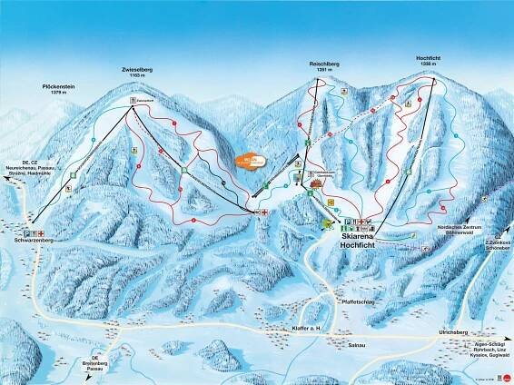 Hochficht - lyžařská mapa, skimapa sjezdovek a lanovek, zimní panorama ski areálu