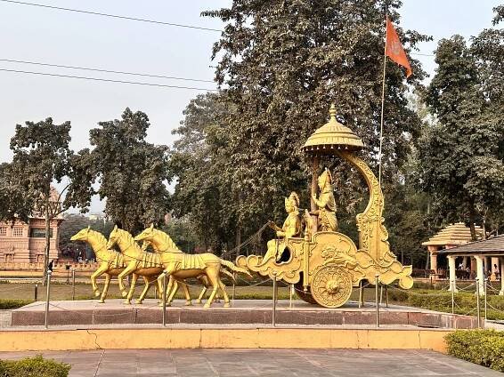 Echoes of Valor: A golden chariot frozen in time, carrying the wisdom of Krishna and the might of Arjuna, stands as a testament to the timeless lessons of the Mahabharata. 
#EpicHeritage #ChariotOfTime