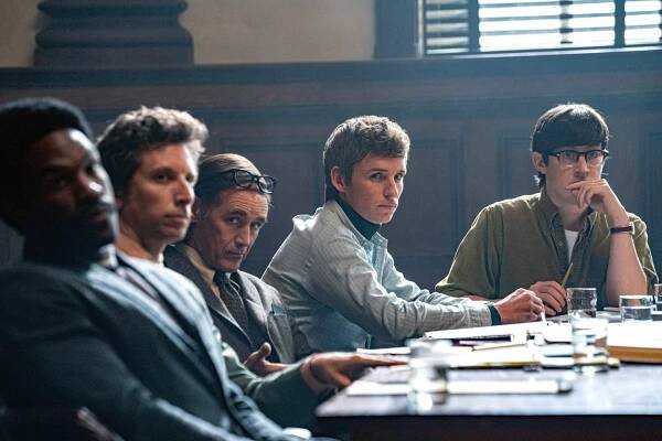 Yahya Abdul-Mateen II as Bobby Seale, Ben Shenkman as Leonard Weinglass, Mark Rylance as William Kuntsler, Eddie Redmayne as Tom Hayden and Alex Sharp as Rennie Davis in "The Trial of the Chicago 7."