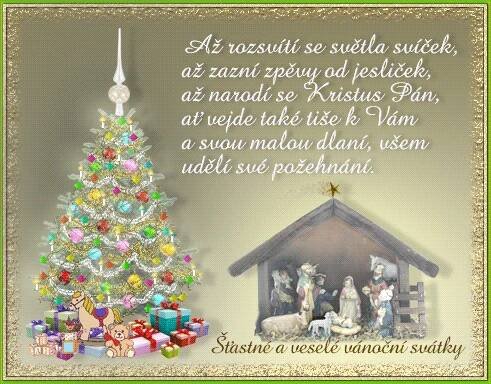 a christmas card with a nativity scene next to a lit christmas tree and presents