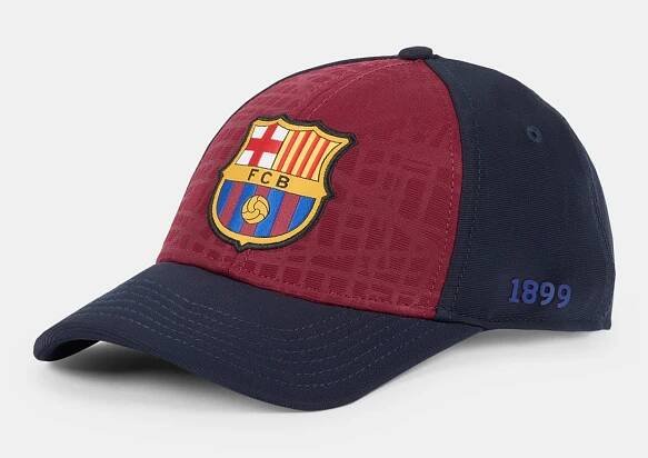 Navy blue and maroon baseball cap featuring the FC Barcelona crest on the front and the number '1899' embroidered on the side.