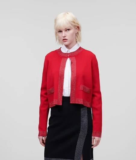 SVETR KARL LAGERFELD RHINESTONE CARDIGAN HAUTE RED