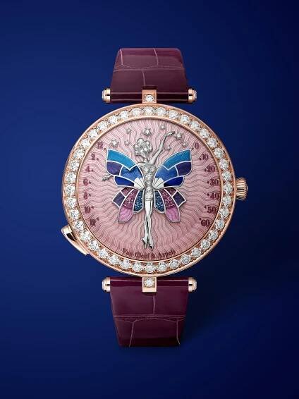 Lady Arpels Ballerine Enchantée Or Rose watch, 18K rose gold, rhodium plated 18K white gold, diamonds, enamel, self-winding mechanical movement equipped with a retrograde time on demand module. Watch sold with two interchangeable straps and one interchangeable pin buckle set with diamonds. Poetic Complications Collection, Van Cleef & Arpels.