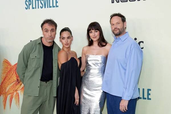 Michael Angelo Covino, Adria Arjona, Dakota Johnson and Kyle Marvin celebrated the Los Angeles premiere of their film Splitsville on Tuesday.