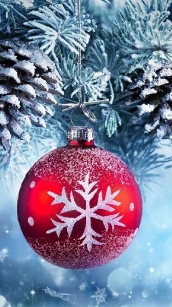a red ornament hanging from a christmas tree with snow flakes on it