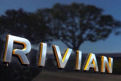 The Rivian names is shown on one of their new electic SUV vehicles in California