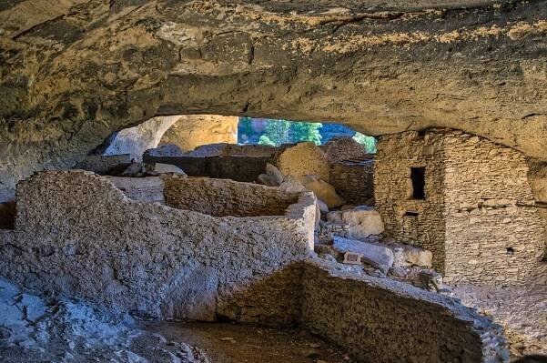 This is a view from within the Gila Cliff Dwellings looking out to the canyon beyond.