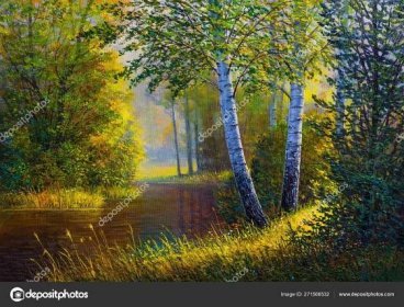 Stáhnout - Olejomalba krajina, barevné letní les, krásná řeka — Stock obrázek