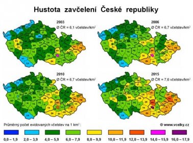 Mapa zavčelení ČR v letech 2003, 2006, 2010 a 2015