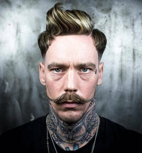 Pompadour Haircut with Medium Fade and Moustache