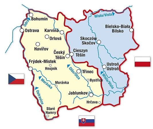 Mapka těšínského Slezska po rozdělení v roce 1920.